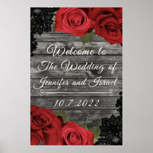 Rote Rosen Rustikales Schwarzes Spitzen Hochzeitss Poster