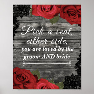 Rote Rosen Rustikales schwarzes Spitzen-Hochzeitss Poster