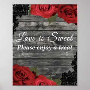Rote Rosen Rustikales schwarzes Spitzen-Hochzeitsv Poster