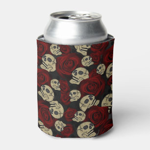 Rote Rosen & Schädel Grau Schwarze Blumen Gothic Dosenkühler