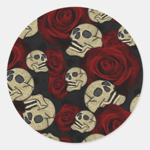 Rote Rosen & Schädel Grau Schwarze Blumen Gothic Runder Aufkleber