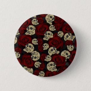 Rote Rosen & Schädel Grau Schwarze Florale Gotik Button