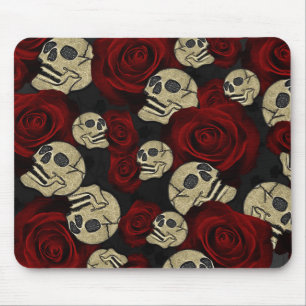 Rote Rosen & Schädel Grau Schwarzes Floral Gothic Mousepad