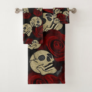 Rote Rosen & Schädel Grau Schwarzes Florales Gothi Badhandtuch Set