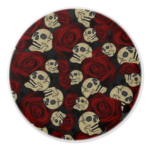 Rote Rosen & Schädel Grau Schwarzes Florales Gothi Keramikknauf