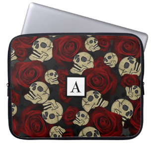 Rote Rosen & Schädel Grau Schwarzes Florales Gothi Laptopschutzhülle