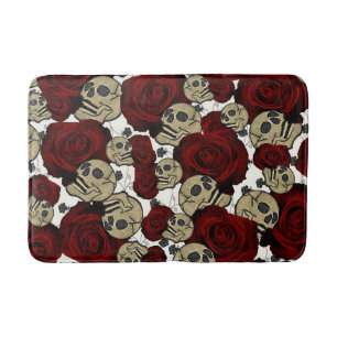 Rote Rosen & Schädel Schwarze Blumen Gothic Weiß Badematte