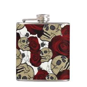 Rote Rosen & Schädel Schwarze Blumen Gothic Weiß Flachmann