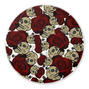 Rote Rosen & Schädel Schwarze Blumen Gothic Weiß Keramikknauf