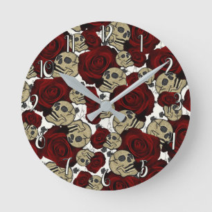 Rote Rosen & Schädel Schwarze Blumen Gothic Weiß Runde Wanduhr