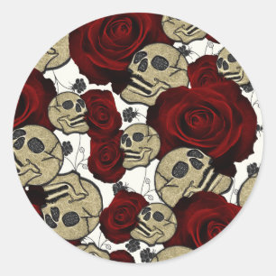 Rote Rosen & Schädel Schwarze Blumen Gothic Weiß Runder Aufkleber