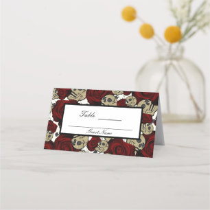 Rote Rosen & Schädel Schwarze Florale Gotik Weiße  Platzkarte