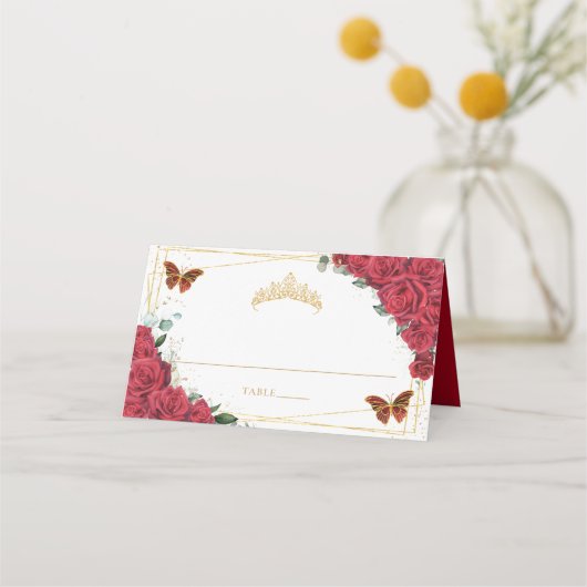 Rote Rosen Schmetterling Quinceañera Süße 16 Gebur Platzkarte (Vorderseite)