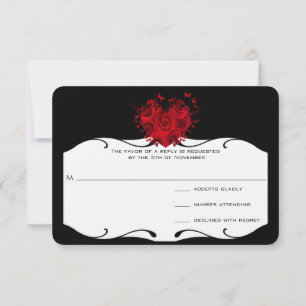 Rote Rosen & Schmetterlinge Herz auf schwarzer RSV RSVP Karte