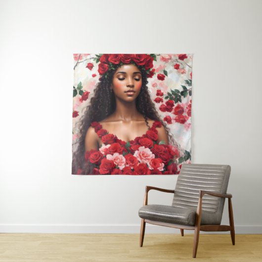 Rote Rosen Schöne Schwarze Frau Kunst Wandteppich (Beispiel)