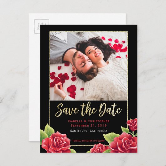 Rote Rosen Schwarz & Gold Glitzer Save the Date Fo Ankündigungspostkarte (Vorne/Hinten)