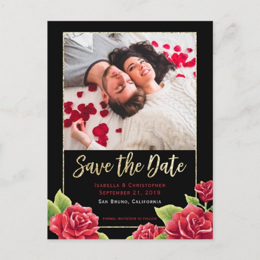 Rote Rosen Schwarz & Gold Glitzer Save the Date Fo Ankündigungspostkarte (Vorderseite)