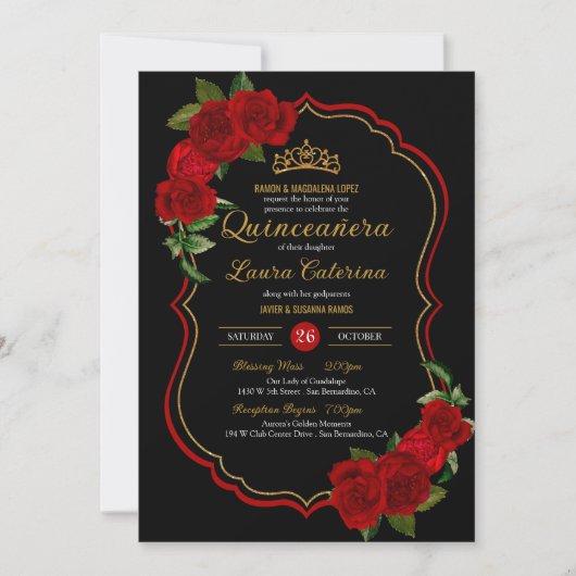 Rote Rosen Schwarz und Gold Elegante Quinceanera Einladung (Vorderseite)