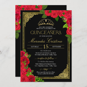 Rote Rosen Schwarz und Gold Elegante Quinceñera In Einladung