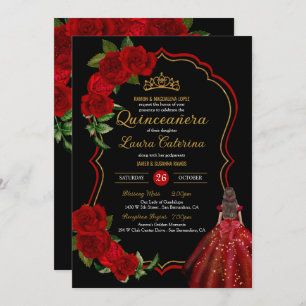 Rote Rosen Schwarz und Gold Elegantes Kleid Quince Einladung