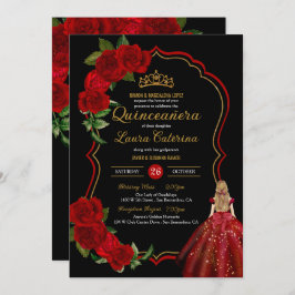 Rote Rosen Schwarz und Gold Elegantes Kleid Quince Einladung