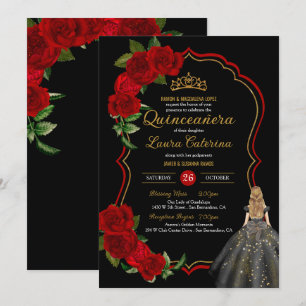 Rote Rosen Schwarz und Gold Elegantes Kleid Quince Einladung