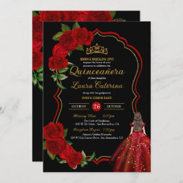 Rote Rosen Schwarz und Gold Elegantes Kleid Quince Einladung