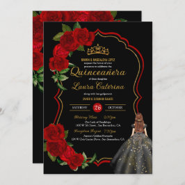 Rote Rosen Schwarz und Gold Elegantes Kleid Quince Einladung