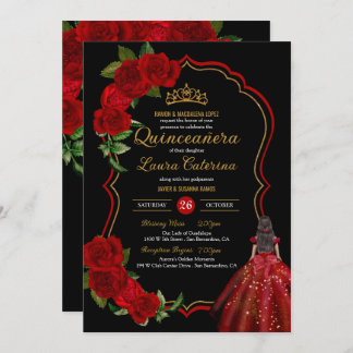 Rote Rosen Schwarz und Gold Elegantes Kleid Quince Einladung