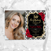 Rote Rosen Schwarz-weiß Damask Foto 50. Geburtstag