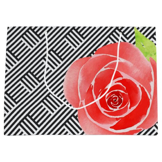 Rote Rosen Schwarz-weiß Streifen Große Geschenktüte (Vorderseite)