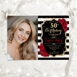 Rote Rosen Schwarz-weiß Stripes Foto 50. Geburtsta Einladung<br><div class="desc">Elegante florale feminine 50. Geburtstagseinladung mit Ihrem Foto. Glam Schwarz-weiß rotes Design mit Imitaten Glitzer Gold. Enthält schwarz-weiße Streifen,  rote Rosen,  Skript-Schriftart und Konfetti. Ideal für ein stilvolles Party für Erwachsene. Personalisieren Sie Ihre persönlichen Daten. Kann für jedes Alter angepasst werden! Gedruckte Zazzle Einladungen oder Sofortdownload digitalen druckbaren Vorlage.</div>