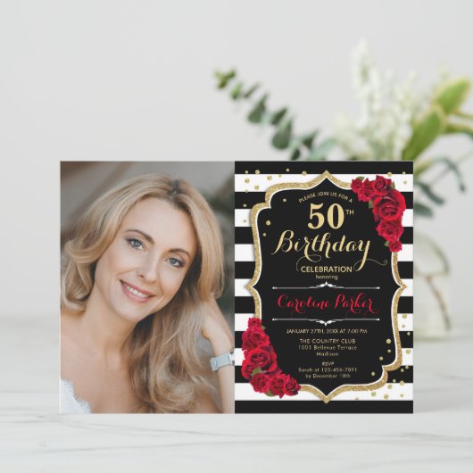 Rote Rosen Schwarz-weiß Stripes Foto 50. Geburtsta Einladung (Stehend Vorderseite)