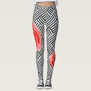 Rote Rosen schwarze und weiße Streifen Leggings