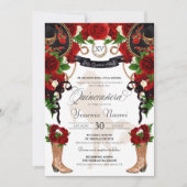 Rote Rosen Schwarzer Charro Western Elegante Quinc Einladung (Vorderseite)