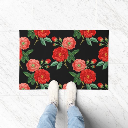Rote Rosen, schwarzer Hintergrund, Fußmatte (Indoor)