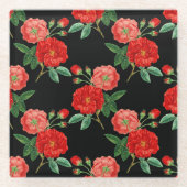 Rote Rosen, schwarzer Hintergrund, Glasuntersetzer (Vorderseite)