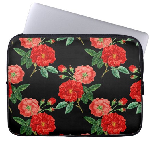 Rote Rosen, schwarzer Hintergrund, Laptopschutzhülle (Vorderseite)