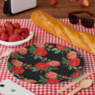 Rote Rosen, schwarzer Hintergrund, Pappteller