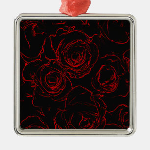 Rote Rosen Schwarzer Hintergrund Silbernes Ornament