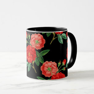 Rote Rosen, schwarzer Hintergrund, Tasse