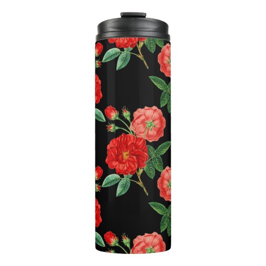 Rote Rosen, schwarzer Hintergrund, Thermosbecher (Vorderseite)
