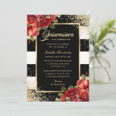 Rote Rosen Schwarzes Gold Elegantes Blumengestein Einladung (Stehend Vorderseite)