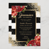 Rote Rosen Schwarzes Gold Elegantes Blumengestein Einladung (Vorne/Hinten)
