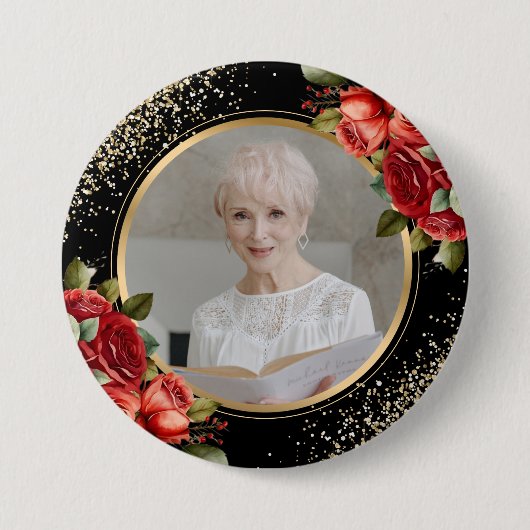 Rote Rosen Schwarzes Gold Foto Button (Vorderseite)
