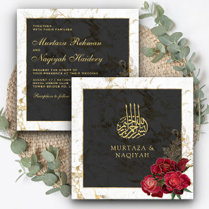 Rote Rosen Schwarzes Gold Marmor Islamische Muslim Einladung