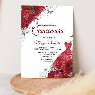 Rote Rosen Silbernes Kleid Quinceanera Einladung