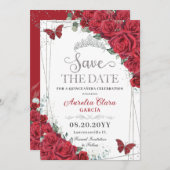 Rote Rosen Silver Butterflies Quinceanera Sweet 16 Save The Date (Vorne/Hinten)