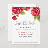 Rote Rosen & Silver Glitzer Save the Date Ankündigungspostkarte (Vorne/Hinten)