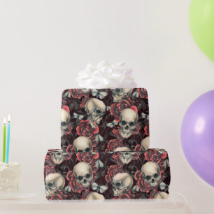 Rote Rosen & Skulls Halloween-Muster Geschenkpapier